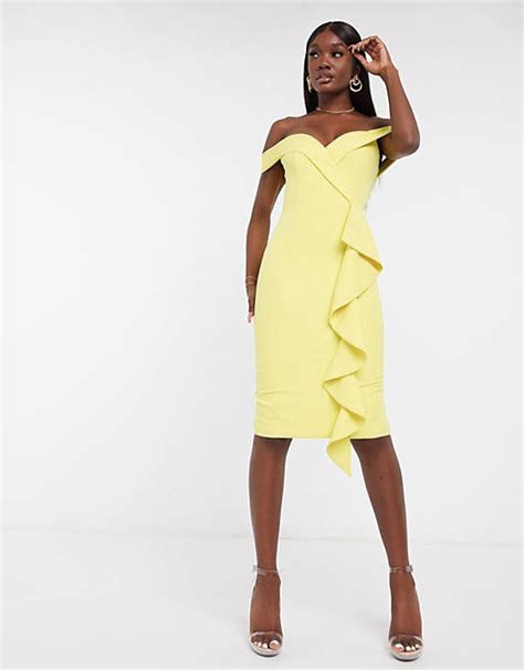 Lavish Alice Bardot Frill Midi Dress In Yellow Asos