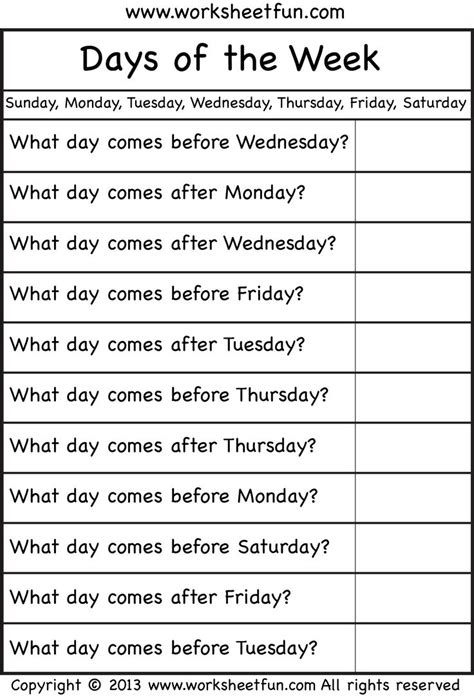 days   week worksheet english lessons  kids kindergarten