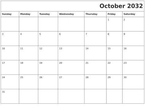 October 2032 Download Calendar