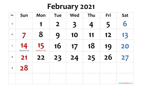 February 2021 Printable Calendar With Holidays