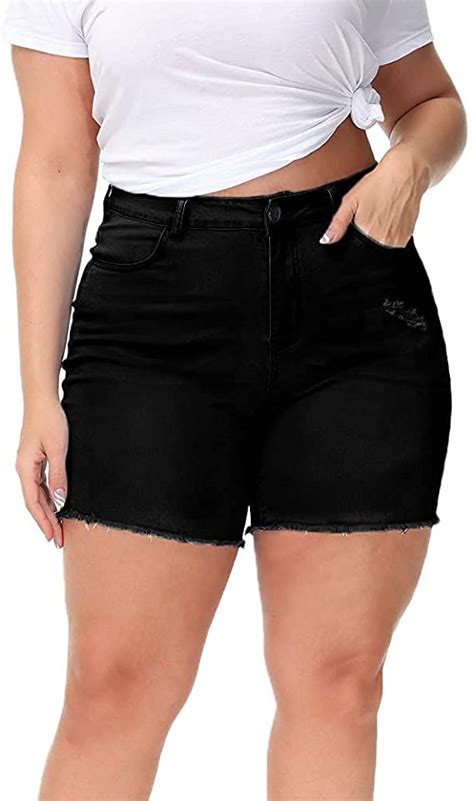 Womens Plus Size Denim Shorts High Waisted Stretchy Raw Hem Jean Wf Shopping