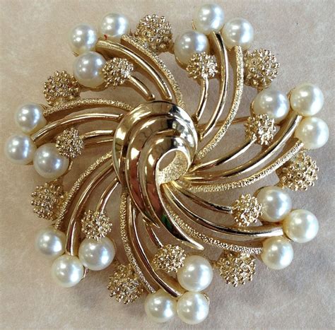 Vintage S TRIFARI Faux Pearl Costume Brooch Pin Gold Toned SOLD On Ruby Lane