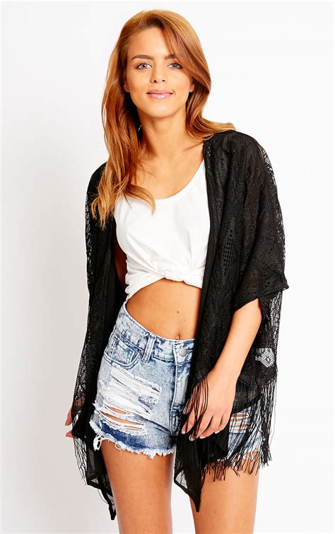 Ria Black Lace Fringe Kimono Knitwear Prettylittlething