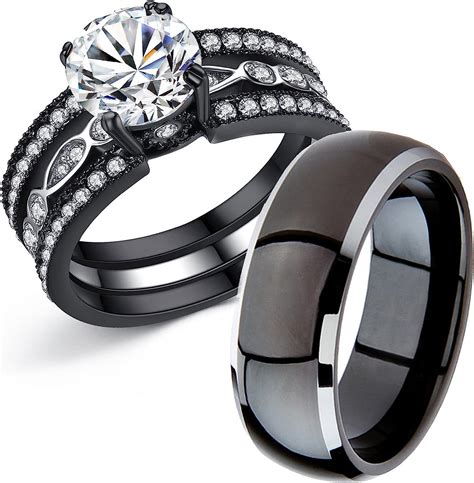 Mabella Couple Rings Black Mens Titanium Matching Band Women Cz