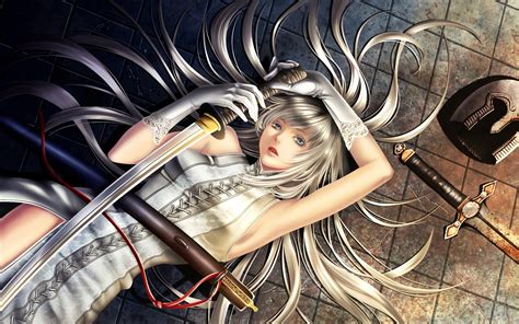 White Haired Anime Girl Lying On The Ground Holding A Sword Wallpaper