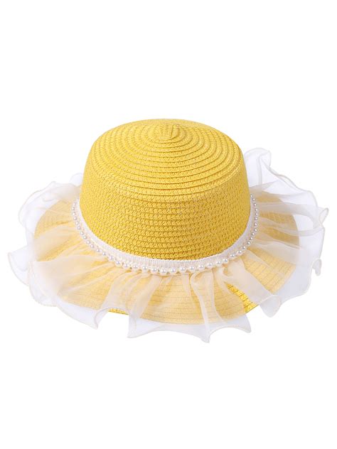 Kid Girls Sun Hat Wide Brim Tulle Layer Pearls Beach Bucket Cap Sun