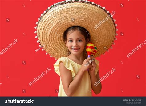 Happy Little Mexican Girl Sombrero Hat Stock Photo 2203634909