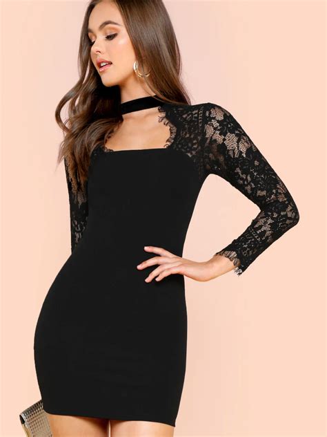 Lace Insert Solid Form Fitting Dress Black Lace Evening Dress Black Lace Party Dress Form