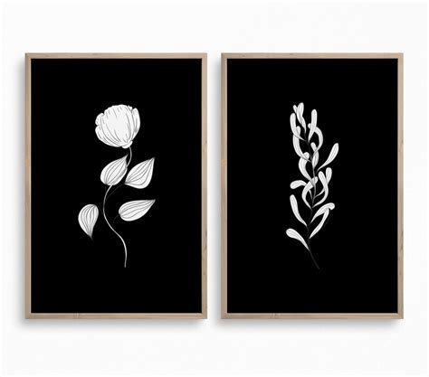 Black White Flowers Wall Art Set Of 2downloadable Botanical Etsy