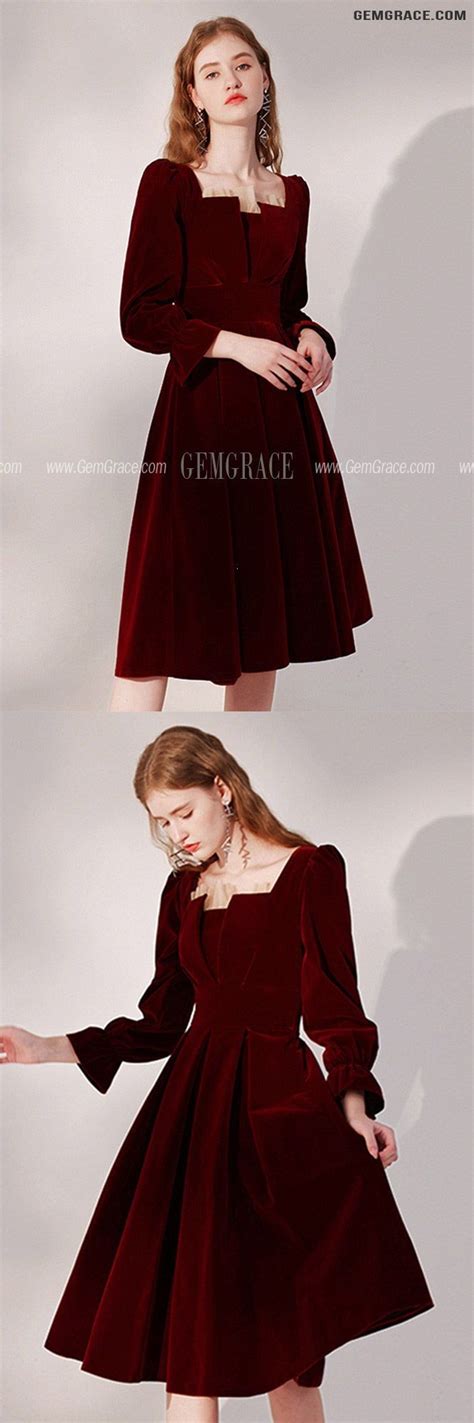 7529 Burgundy Pleated Velvet Retro Party Dress With Long Sleeves