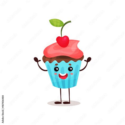 Cute Happy Cupcake Cartoon Character Vector Illustration Stock Vector
