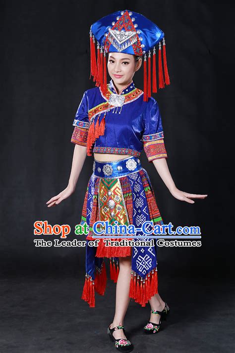 Chinese Traditional Zhuang Minority Dance Costume And Hat Complete Set
