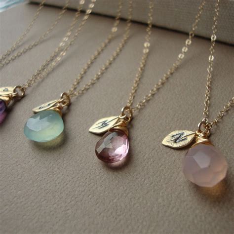 Bridesmaids Necklaces Set Of Five Stone And Initial All Gold Filled