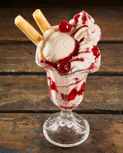 Vanilla Ice Cream Sundae With Cherries And Cream Stock Photo Image Of