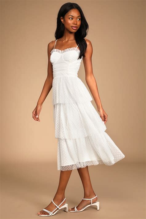 White Polka Dot Dress Tiered Midi Dress Bustier Dress Lulus