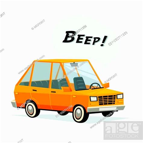 Beeping Cartoon Car Flat Style Orange Car On White Background Stock