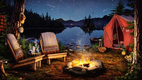 Campfire By The Lake Ambience With Crickets Owls Water And Night