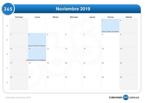 Calendario Noviembre 2019