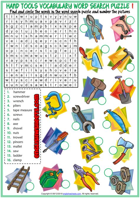 Hand Tools Esl Word Search Puzzle Worksheets For Kids Vocabulary