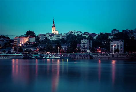 Fonds Decran Maison Rivières Quai Belgrade Serbie Nuit Villes
