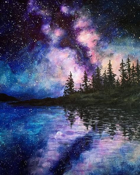 Midnight Lake Painting In 2020 With Images Lake Painting Galaxy