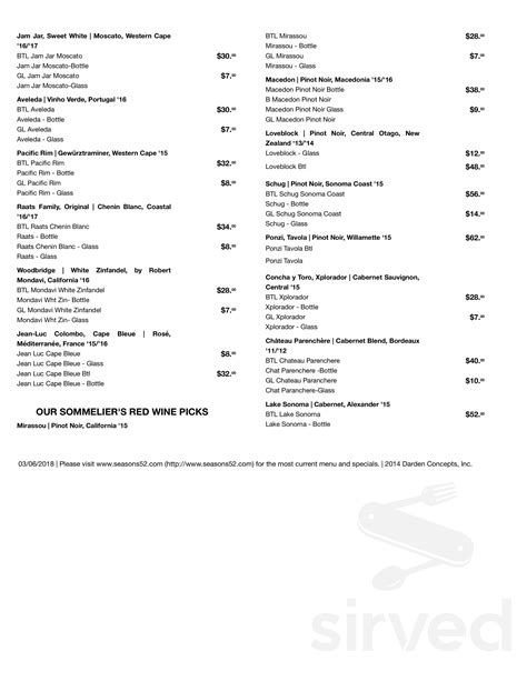 Seasons 52 menu in Tampa, Florida, USA