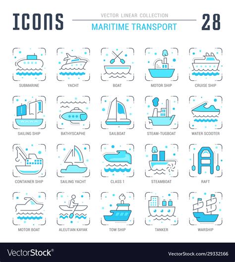 Set Blue Line Icons Maritime Transport Royalty Free Vector