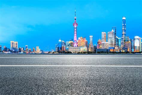 Shanghai Urban Architectural Landscape And Asphalt Road At Night Stock