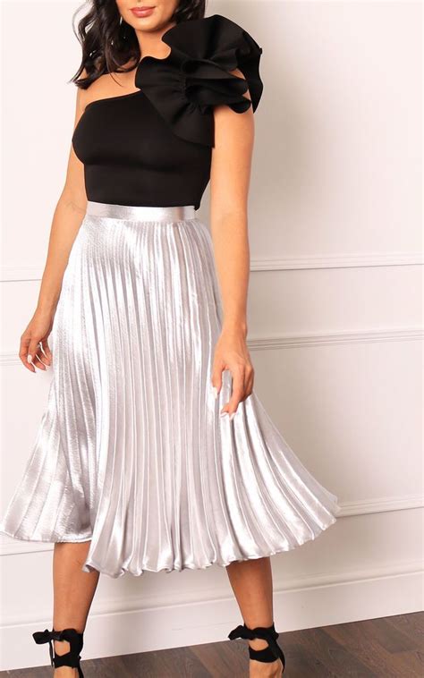 pleated high waisted midi skirt in silver metallic satin one nation clothing silkfred
