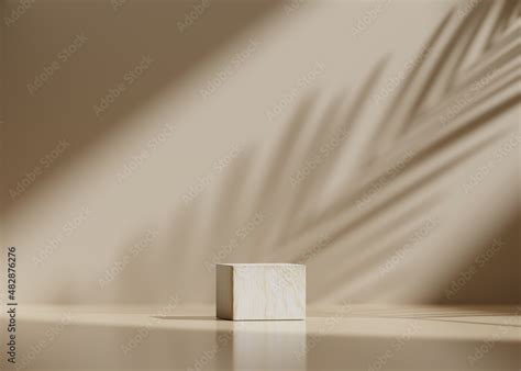3D Background Wood Pedestal Podium On Natural Palm Leaf Shadow Pastel