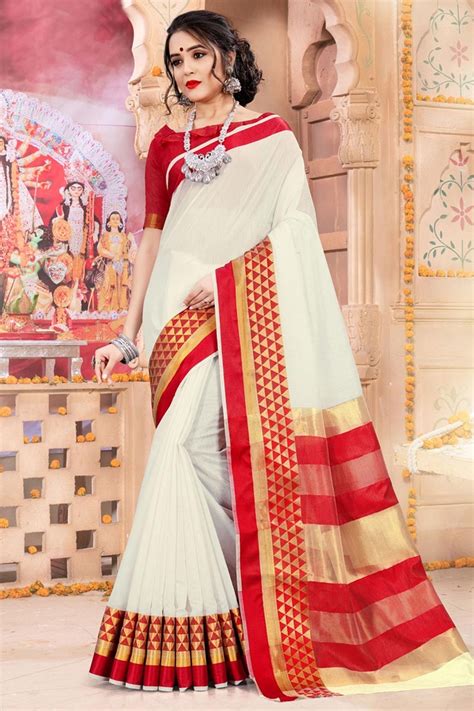 Buy Chiffon Traditional Bengali Saree In White Colour Online