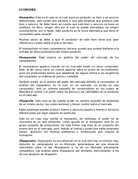 Doc Definición De Monopolio Monopsonio Oligopolio Y Oligopsolio