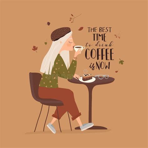 Cartoon Beautiful Girl Drinking Coffee At Cafe Stock Vector