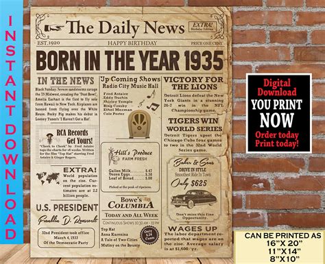1935 Birthday Newspaper Poster 1935 Facts For Adult Birthday Etsy