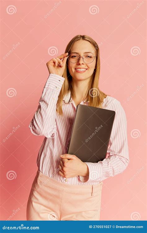 Happy Young Pretty Blonde Girl Student Wearing Modern Office Style