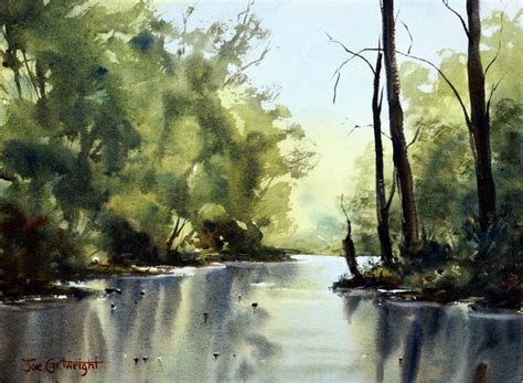 Water Color Painting River Scene With Lots Of Green And Reflections