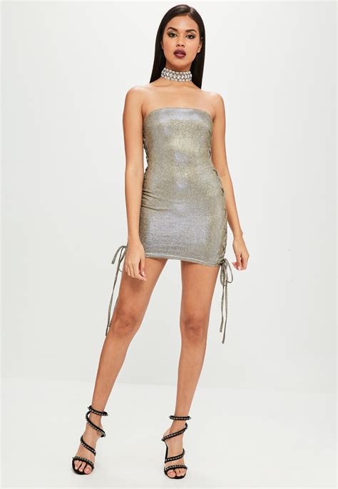 Missguided Synthetic Carli Bybel X Gold Metallic Bandeau Dress Lyst