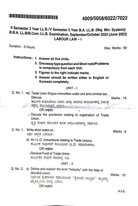 Labour Law Kslu Question Paper Oct Iisemester Year Ll V