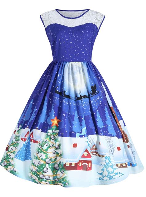 Christmas Plus Size Lace Insert Sleeveless Party Dress Christmas