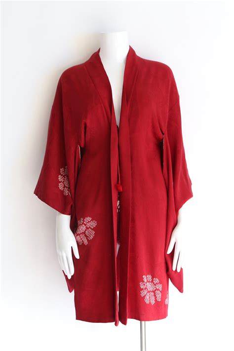 Vintage Red Silk Japanese Kimono 50s Cherry Blossom Print Short Kimono Robe