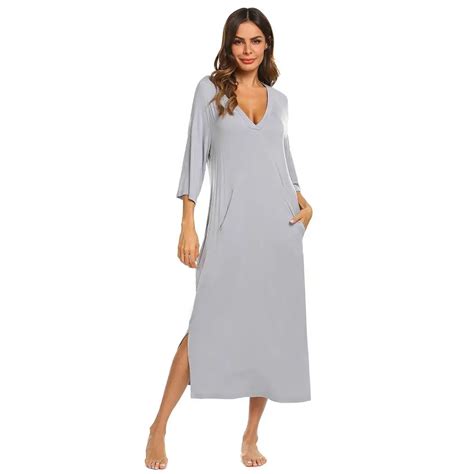 Ekouaer Women Nightgown Sleepwear Dress V Neck 34 Sleeve Solid Loose Lady Pocket Long Sleep