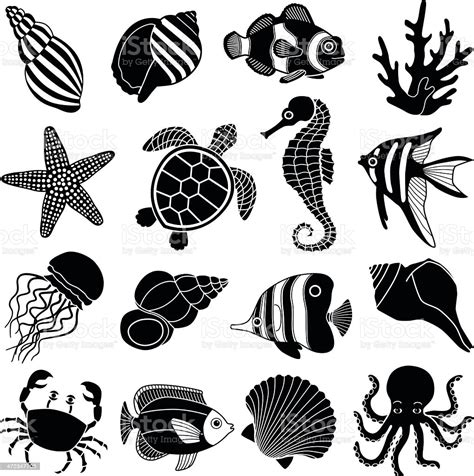 Sea Creatures Icons stock vector art 472347705 | iStock