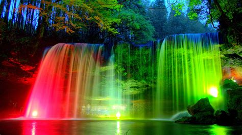 Illuminated Waterfall At Night
