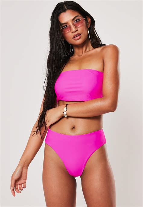 Neon Pink Bandeau High Waisted Bikini Set Missguided