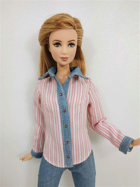 Barbie Clothes Doll Clothes Pink Striped Shirt With Denim Etsy