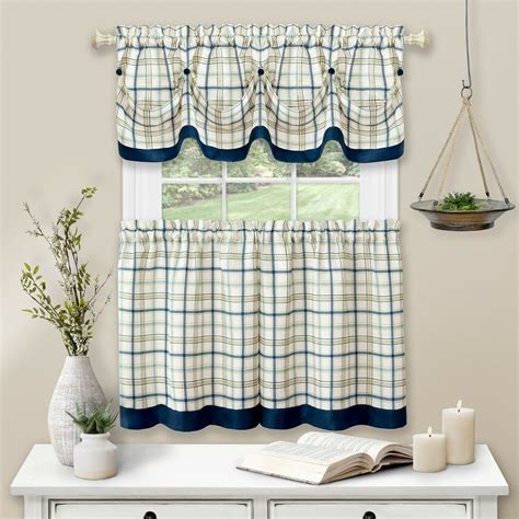 Country Farmhouse Plaid 3 Pc Tattersall Cafe Kitchen Curtain Tier