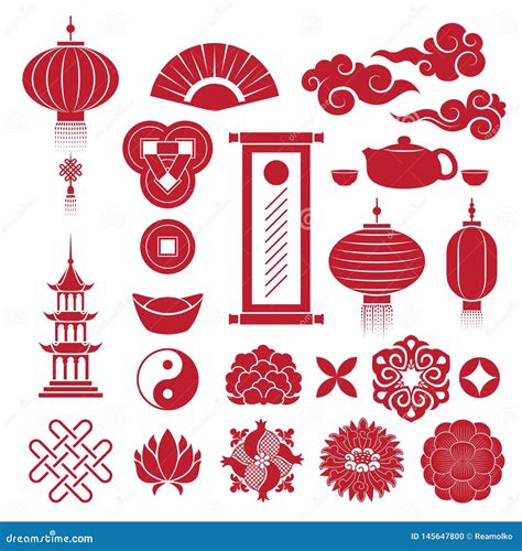 Chinese Traditional Symbols Icons Set Stock Vector Illustration Of