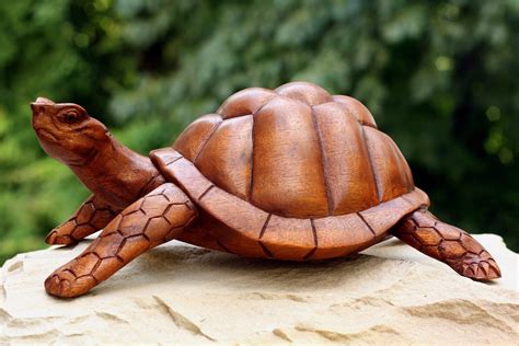 Wooden Tortoise Turtle Statue Hand Carved Sculpture Wood Home Decor