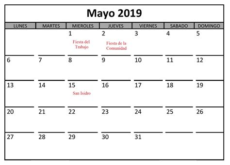 Calendario Mayo 2019 Con Festivos Excel Word Pdf