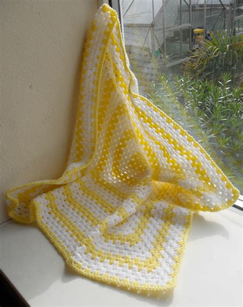 Crochet Granny Square Baby Blanket Yellow White On Luulla